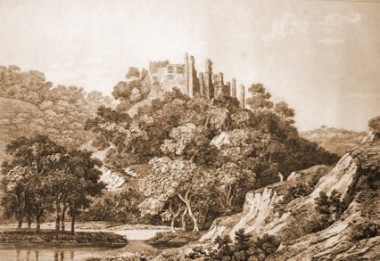 Etching of Berry Pomeroy castle made around 1822