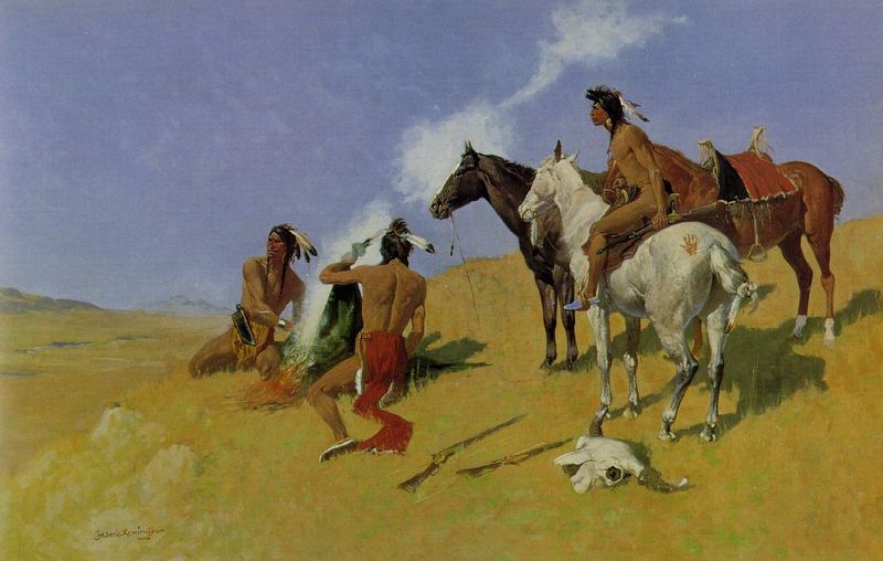 Painting of American Indians sending a smoke signal